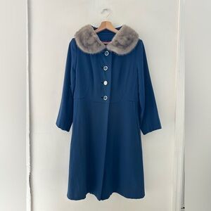 Vintage Blue Fur Collar Swing Coat